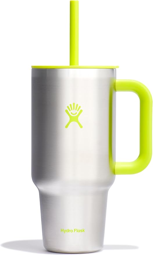 Hydro Flask Travel Tumbler with Handle, Lid and Straw - Insulated Stainless Steel in 32 Oz Stainless Steel Lime