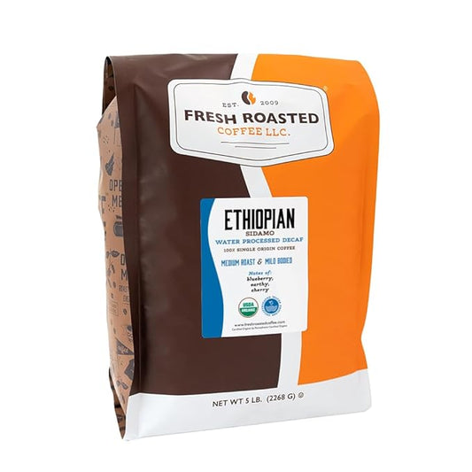Fresh Roasted Coffee, Organic Ethiopian Sidamo Water-Processed Decaf | USDA Organic, 100% Single Origin, Kosher | Medium Roast 5 lb (80 oz) Whole Bean