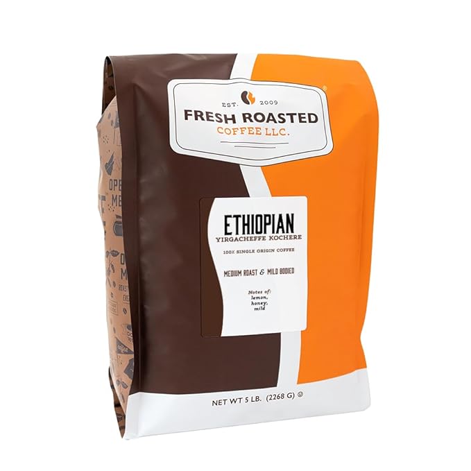 Fresh Roasted Coffee, Ethiopian Yirgacheffe Kochere, 5 lb (80 oz), Medium Roast, Kosher, Whole Bean