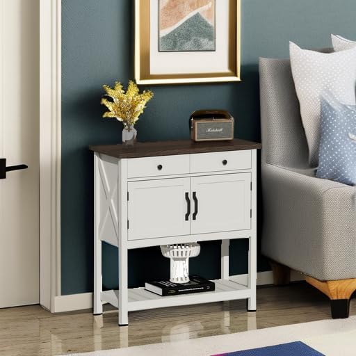 ChooChoo Farmhouse Console Table, Entryway Table with Storage Shelf, Coffee Bar Cabinet, Narrow Buffet Sideboard for Kitchen, Hallway, Living Room, White