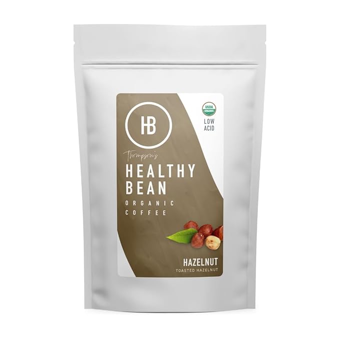 Healthy Bean Organic Ground Coffee Hazelnut Infused - Low Acid Coffee for Sensitive Stomachs - Medium Roast Blend, USDA Organic, Smooth and Creamy Roasted Hazelnuts Flavor, 11oz