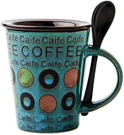 Ceramic Coffee Mugs Set of 1, 12 oz Stoneware Coffee Cup with Spoon and Lid, Cup for Latte, Tea, Cappuccino, Cocoa, Microwave Dishwasher Safe, Modern Unique Aesthetic Christmas Gift, Green Letter Cup