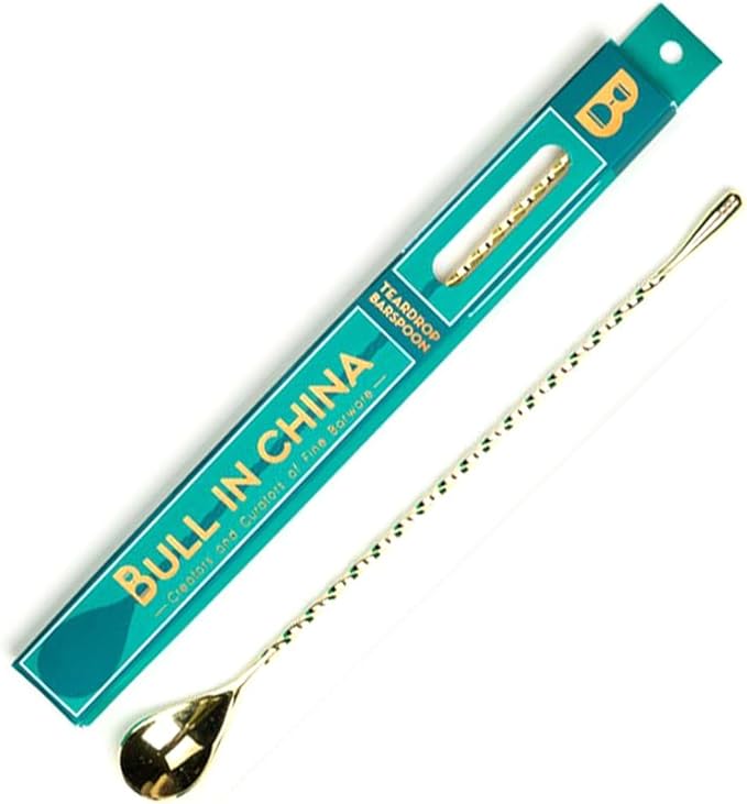 Teardrop Barspoon by Bull In China - 16" / 40cm Gold Weighted Cocktail Stirring Spoon With Spiral Pattern for Bars & Bartenders