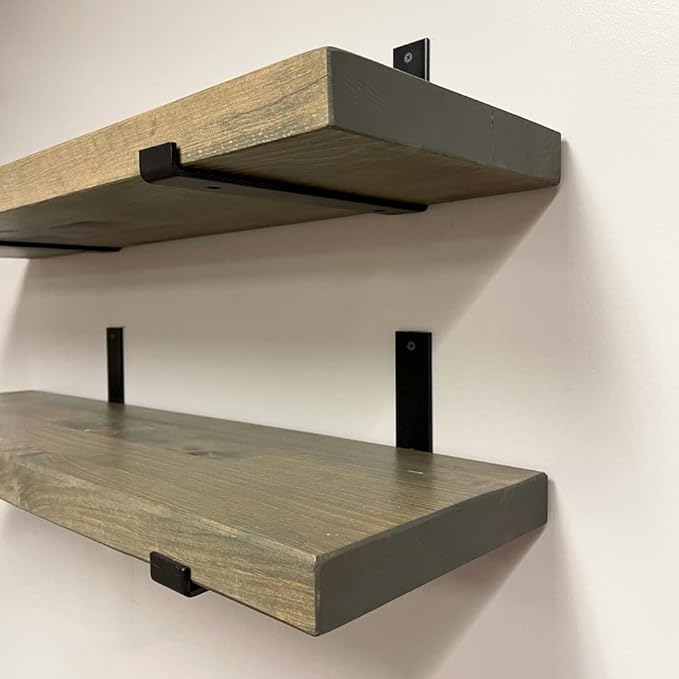 Rustic Shelves with J-Brackets Set of 2, Industrial Shelf, Kitchen Shelves, Solid Wood, Decorative Wall Storage, Heavy Duty, URBANDI (Grey, 48Wx10D)