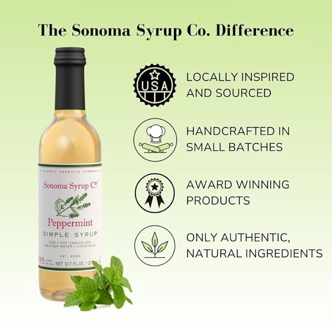 Sonoma Syrup Co. Peppermint Infused Simple Syrup 12.7 fl oz | for Coffee, Cocktails, and Cooking | Hand Crafted in the USA