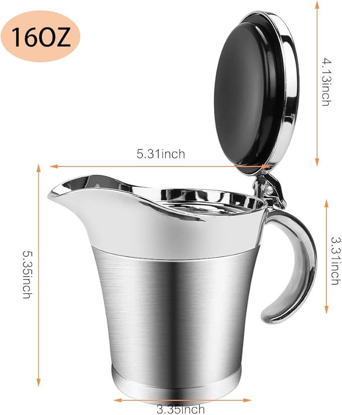 ShineMe Stainless Steel Gravy Boat Sauce Jug with Lid, 16oz Double Wall Insulated for Keeping Sauce Hot, Storage for Gravy or Cream, Apply for Home & Kitchen