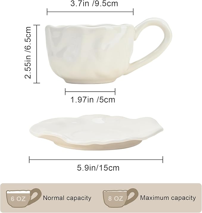 MyBudsBuzz Ceramic Espresso Cups with Saucers 6 oz,Coffe Cups for Cappuccino,Latte,Tea with Saucers Set of 2 - Folds - White