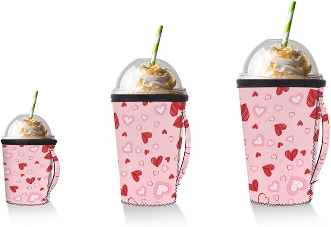 Pink White Hearts Reusable Coffee Sleeves Iced Coffee Cozy Insulator,Valentine's Day Neoprene Holder with Handle for Cold Coffee or Ice Drink, Medium 24-28oz