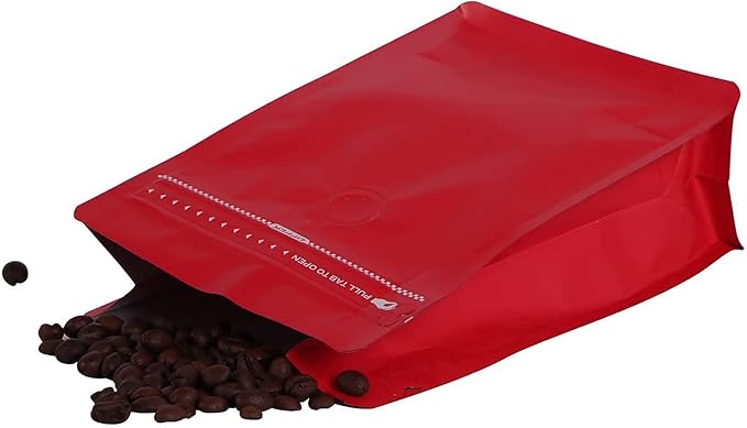 REMTAP Coffee Bags with Valve(50pcs,12oz) Red High Barrier Aluminumed Foil Flat Bottom Standing Coffee Beans Storage Bags,Reusable Heat Sealable Side Zipper Pouches for Home or Store