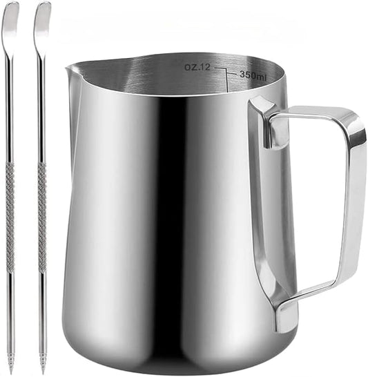 Milk Frothing Pitcher, 350ml (12oz) Milk Frother Cup Stainless Steel Jug Steaming Pitcher, Milk Coffee Cappuccino Latte Art Barista Steam Pitchers Milk Jug Cup with 2Pcs Decorating Pen
