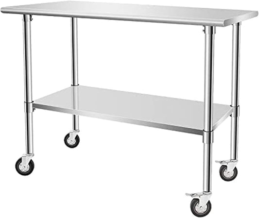Stainless Steel Table - Metal Table Cart - Commercial Workbench with Caster Wheel - NSF Certified - for Restaurant, Warehouse, Home, Kitchen, Garage,48''x24''