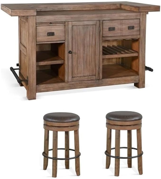 Pemberly Row Set of 3 Natural Brown Wood Bar Unit and 2 Backless Swivel Barstool