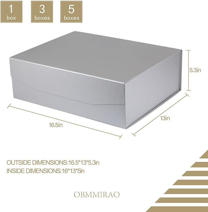 Upgrade 5Pcs Silver Grey Extra Large Gift Box with Lid,16.5 x13 x5 Inches, Hard Magnetic Gift Boxes for Presents Wedding Dress Box Storage,Reusable Foldable Bridesmaid Proposal Box