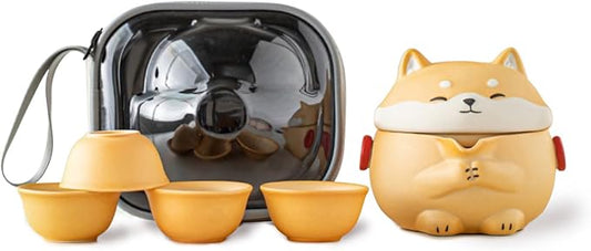 Mini Gaiwan Tea Set, Cute Dog Shiba Inu Teapot with Portable Bag for Travel, Chinese Ceramic Gongfu Teapot with 4 Ceramic Teacups. Gift for Tea Lovers.