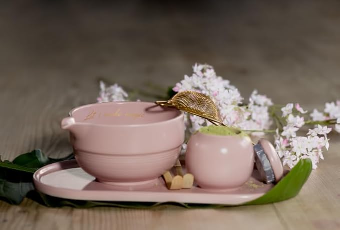 Matcha Whisk Set, 7-Piece Ceramic Matcha Tea Set with Bowl, Whisk & Holder, Bamboo Scoop, Canister, Sifter and Tray