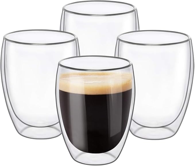 6.8OZ Double Wall Espresso Cups Set of 4, Clear Expresso Shots Cup, Double Wall Insulated Espresso Mugs, Tazas de Cafe Expreso, Microwave Dishwasher Safe,Suit for Espresso Machine