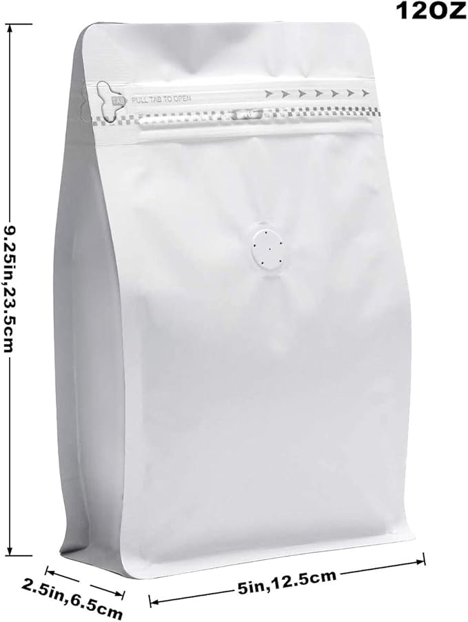 100 Pieces 12 Ounce White Kraft Paper Coffee Bags, Stand Up Coffee Pouches with One Way Degassing Valve and Reusable Side Zipper (Pull Tab to Open) Flat Bottom - - Stand Up Well (12oz, 340gram)