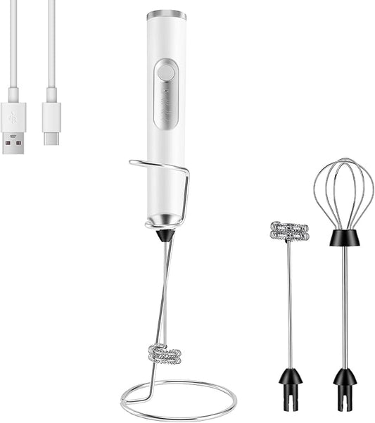 BEoffer Milk Frother Handheld + Stand Rechargeable 2000mAH Power Frother Wand Electric Foam Maker with 2 Stainless Whisks 3 Speeds Drink Mixer Coffee Frother for Latte, Cappuccino Matcha Hot Chocolate