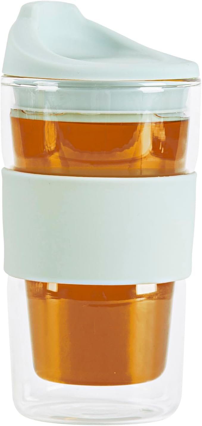 Restaurantware Glass Travel Mug 1 Count 12 Ounce Double Wall Borosilicate Reusable Coffee Cup, Spill-Resistant Mint Green Silicone Lid, Clear Drinkware Mug for Hot and Cold Beverages
