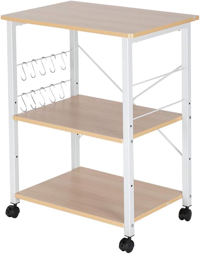 VINGLI Kitchen Cart, 3 Tier Standing Baker's Rack Utility Storage Shelf Microwave Oven Stand with 10 S-Shape Hooks Rolling Lockable Caster (Beige & White)