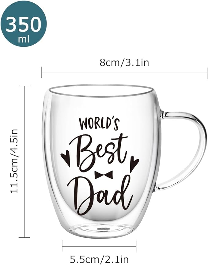 350ml Double Wall Glass Coffee Mugs Set, Clear Insulated Glass Mugs for Hot Beverages, Suitable for Tea, Latte, Espresso, Cappuccino (12 oz Dad Mom)