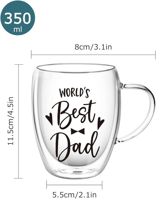 350ml Double Wall Glass Coffee Mugs Set, Clear Insulated Glass Mugs for Hot Beverages, Suitable for Tea, Latte, Espresso, Cappuccino (12 oz Dad Mom)