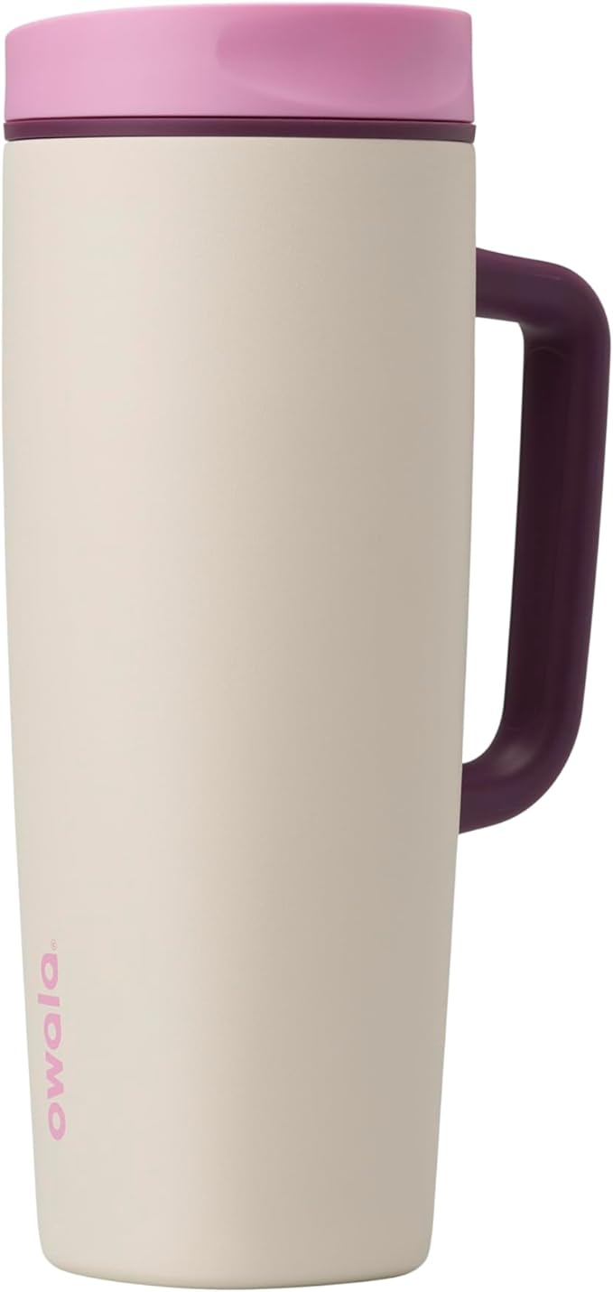 Owala SmoothSip Slider Stainless Steel Insulated Travel Mug, 100% Leak Proof, For Hot and Cold Drinks, Travel Friendly with Sliding Lock Lid, 24 oz, BPA Free, Leak Proof, Pink/Tan (Daybreak)