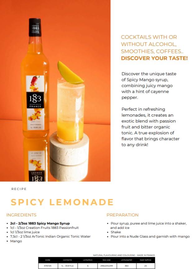 1883 Spicy Mango Syrup for Drinks, Made in France, 1 Liter Glass Bottle
