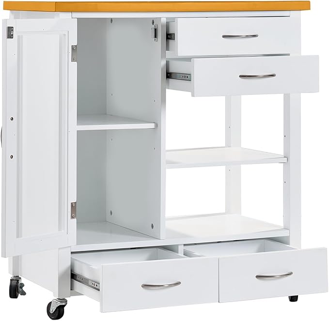 Kitchen Island Cart with Storage - Portable Bar Rolling Storage Cabinet on Wheels, Cart Side Table with Walnut Wood Top, Drawers, Sideboard Buffet with Towel Bar, Dinning Room, White