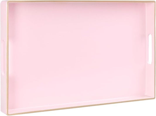 MAONAME Pink Serving Tray with Handles, Modern Decorative Tray for Coffee Table, Plastic Rectangular Trays for Ottoman, Bathroom, Decor, 15.8” x 10.2” x 1.4"