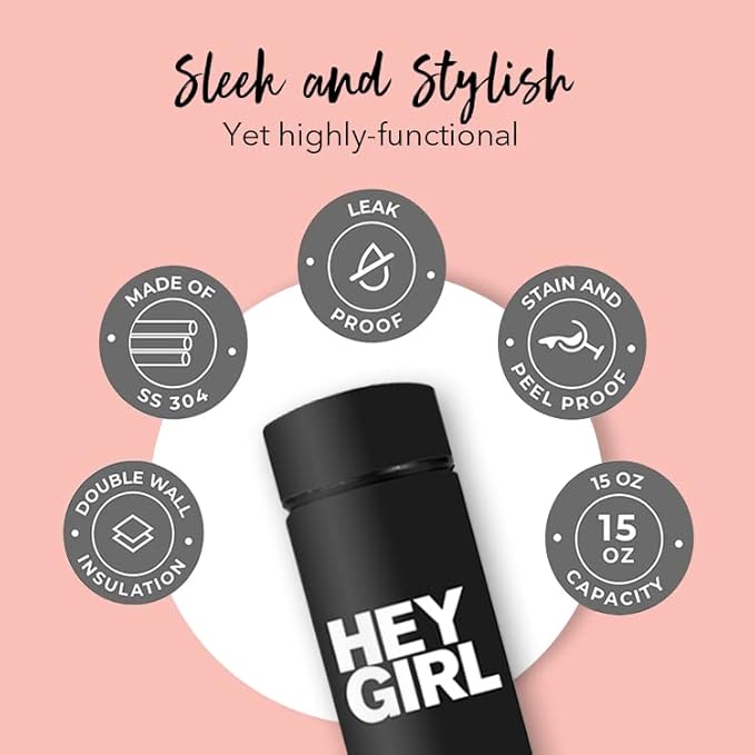 Hey Girl Tea Infuser Bottle 450ml - Insulated Stainless Steel Water Bottle - Tea Tumbler with Tea Diffuser - Portable Travel Mug for Loose Leaf Tea & Infused Water - Tea Lovers Gifts for Women