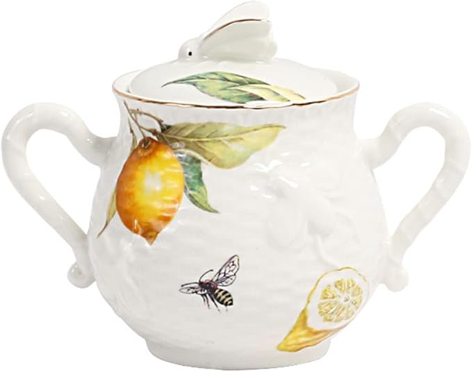 Sizikato Porcelain Sugar Bowl with Lid, 10oz Sugar Service Bowl for Tea Coffee Milk. Lemon and Bee Pattern