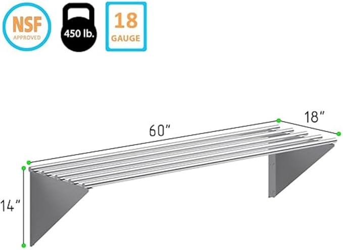 Premium Stainless Steel Tubular Wall Shelf – 60" L x 18" D | NSF Certified | Heavy-Duty Equipment & Appliance Shelf for Restaurant, Kitchen, Garage, Utility Room