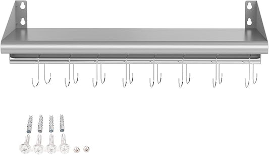 Skyflame Stainless Steel Floating Shelving with 8 Hooks, 12” x 48” Wall Mounted Commercial Shelves for Restaurant, Kitchen, Home, Hotel and Bar