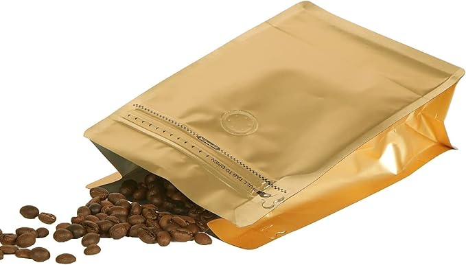Coffee Bags with Valve(8 oz,1/2 lb,100pcs) Gold High Barrier Aluminumed Foil Flat Bottom Heat Sealed Coffee Beans Packaging Bags Side Zipper Resealable Bags for Home or Business