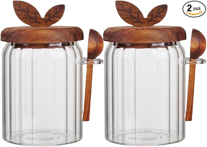ANSQU 2 Pack Glass Jars with Wooden Lids and Spoons, 20.3oz Glass Food Storage Containers Coffee Jar Coffee Grounds Container, Coffee Canister holds up to 7.4oz Coffee Beans