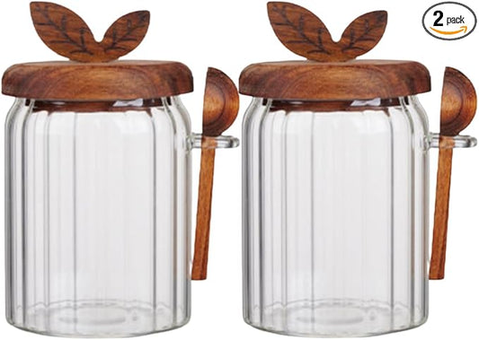 ANSQU 2 Pack Glass Jars with Wooden Lids and Spoons, 20.3oz Glass Food Storage Containers Coffee Jar Coffee Grounds Container, Coffee Canister holds up to 7.4oz Coffee Beans