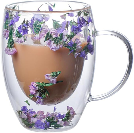 Double Glass Flower Tea Cup, Aesthetic Preserved Flower Cup, Cute Insulated Tea Cup with Handle, Heat Resistant & Lead-free Coffee Mugs, Gifts for Birthday Mother's Day, Perfect for Women Wife Mom (C)