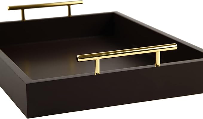 JJSQYLAN Wooden Serving Tray with Handles Rectangle Breakfast Tray for Coffee Table Decorative Ottoman Tray 16”x 12” for All Occasion's (Dark Brown)
