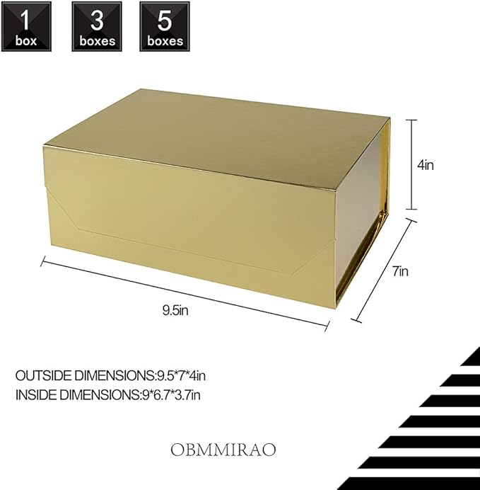 Upgrade 1PCS Gold Gift Box 9.5x7x4 Inches, Sturdy Gift Box with Lid for Gift Packaging, Foldable Magnetic Closure Storage Boxes, Bridesmaid proposal box, Rectangle Collapsible Box
