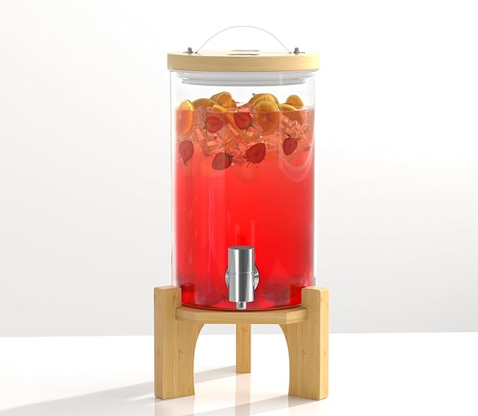 VOVUVK 1.2 Gallon Glass Drink Dispenser For Parties, Beverage Dispenser With Bamboo Wood Stand And Stainless Steel Spigot, Countertop Water Dispenser, Lemonade Dispenser For Wedding, Picnic (1PACK)