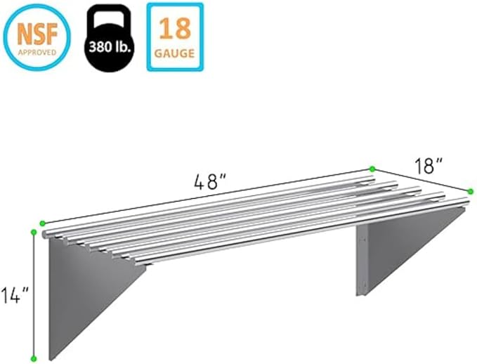Premium Stainless Steel Tubular Wall Shelf – 48" L x 18" D | NSF Certified | Appliance & Equipment Shelf for Restaurant, Kitchen, Utility Room, Garage