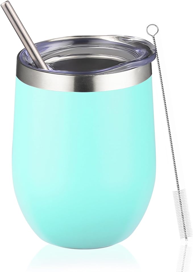 12oz Wine Tumbler with lid, Stainless Steel Travel Mugs Stemless Double Wall Insulated Coffee Cup, Insulated Wine Glasses Travel Tumbler for Cold & Hot Drinks(Light Green, 1)