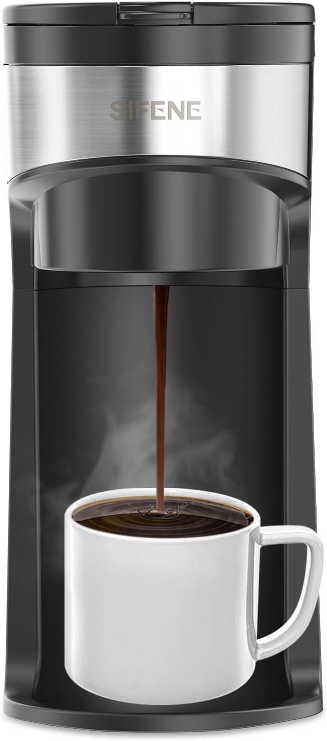 SIFENE Mini Single Serve Drip Coffee Maker – 2-in-1 Portable Machine for K-Pods & Grounds. Fast Brew, Easy Clean, Auto Shut-Off, Water Window, Descaling Reminder. BLACK