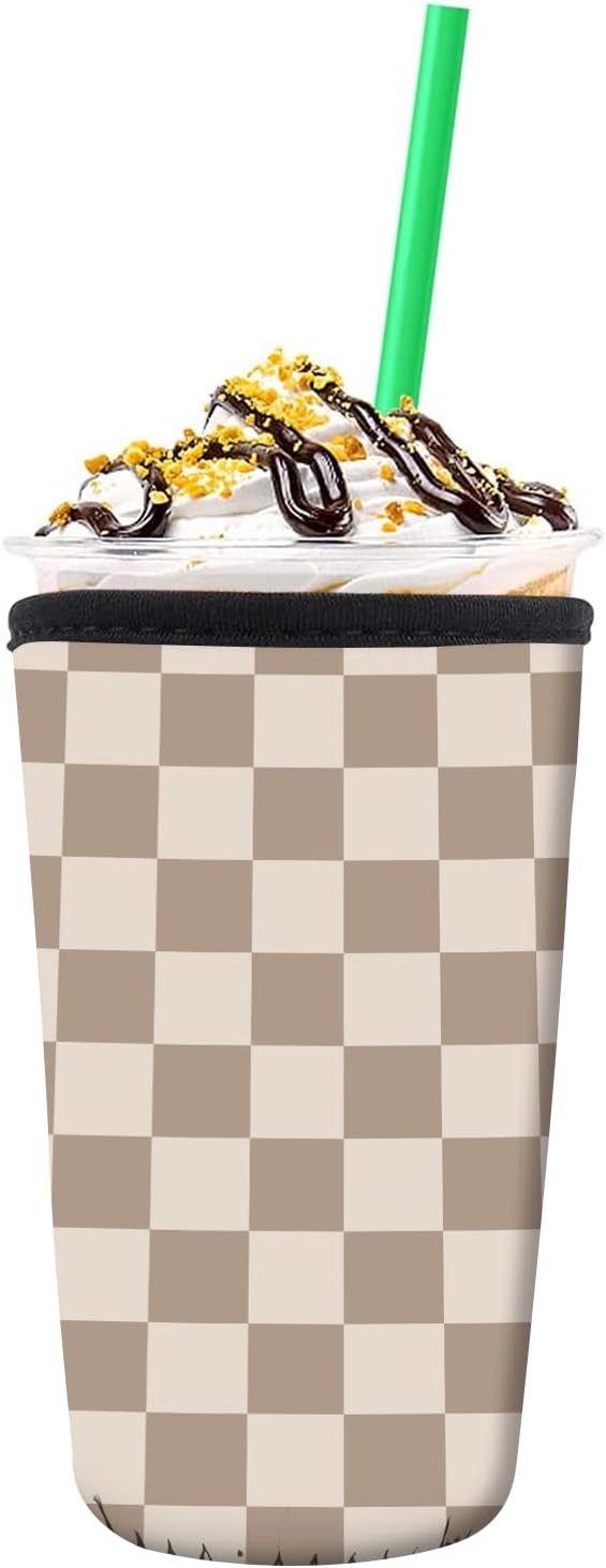Reusable Neoprene Insulator Sleeve for Iced Coffee Cold Soda Cups, Cute Durable Drink Sleeve for Cold Beverages, Medium 22-28oz Cup Sleeve Cute Checkerboard