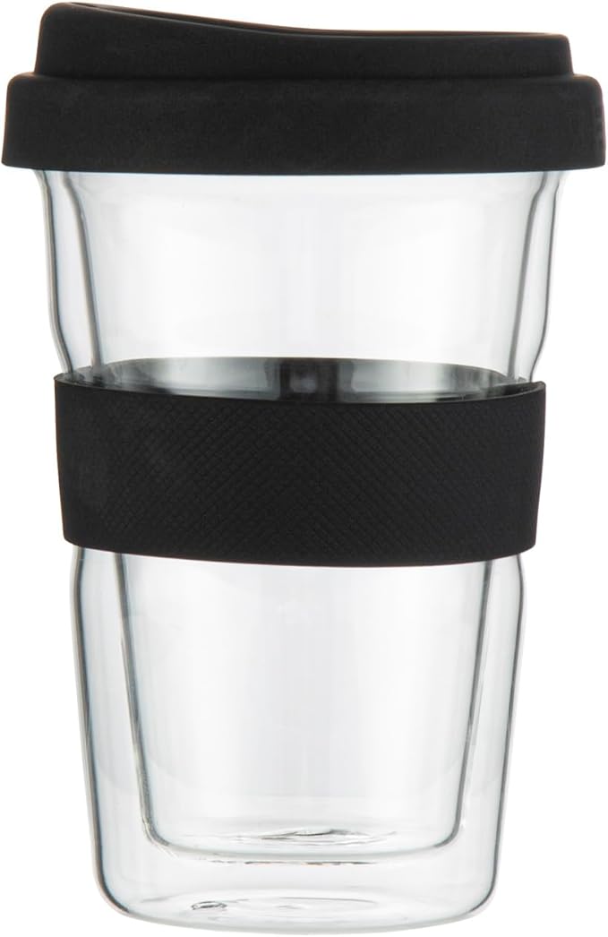 Restaurantware Glass Travel Mug 1 Count 14 Ounce Double Wall Borosilicate Reusable Coffee Cup, Spill-Resistant Black Silicone Lid, Clear Drinkware Mug for Hot and Cold Beverages