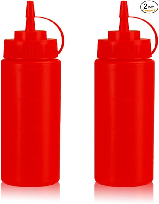 Squeeze Bottles for Sauces,Leak-Proof Condiment Dispenser, BPA-Free Kitchen Restaurant Squeeze Bottle Set with Wide Mouth for Ketchup, Mustard,Syrup,Dressings (Red, 2Pack-16oz(400ml))