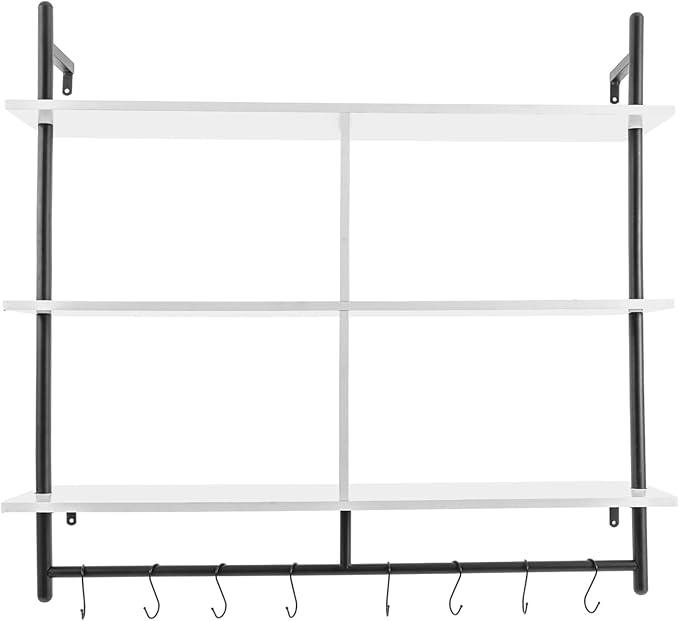 Industrial Pipe Wall Shelf with 8 Hooks – 3-Tier 42" White Floating Shelf | 55lb Load Carbon Steel & MDF for Kitchen Coffee Bar Bathroom Office Storage