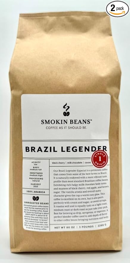 5-Pound (Pack of 1) Brazil Legender, Unroasted Green Coffee Beans, Fresh Current Crop Specialty Grade, For Home Coffee Roasters