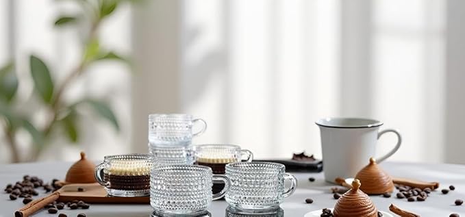 Espresso Cups, Set of 6 Shot Glasses 3 oz Coffee Espresso Mugs, Insulated Clear Thick Glass with Handle - Hobnail Embossed Mini Mugs Demitasse Cup Dishwasher Safe